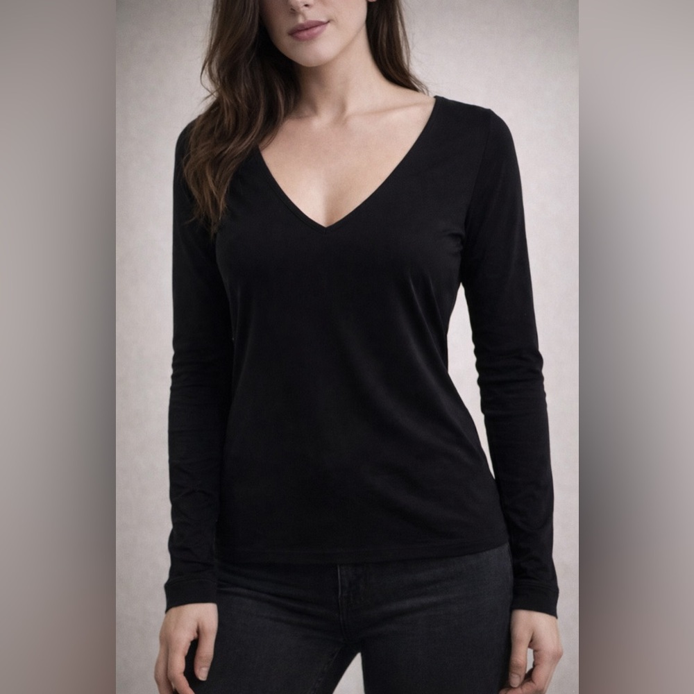 Dynamite Black V Neck Long Sleeve Top XS Basic Stretch Shirt